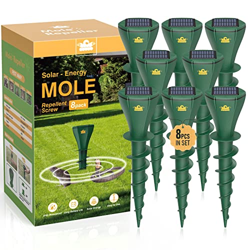 Aeemrn Mole Repellent Solar Powered, Patent Screw-Shape-Stake Design, Ip65 Waterproof, Varying Sonic and Vibration to Expel Mole Gopher Snake Vole, for Lawn Garden & Yard(8pc)