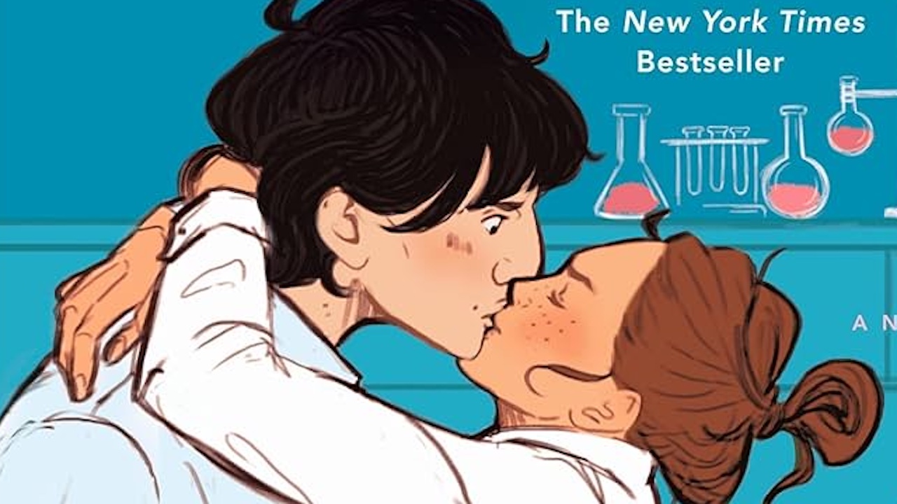 The Love Hypothesis book cover of Adam and Olive kissing while in lab coats 