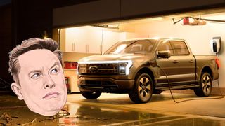 A cartoon image of Elon Musk superimposed on an image of the Ford F-150 Lightning