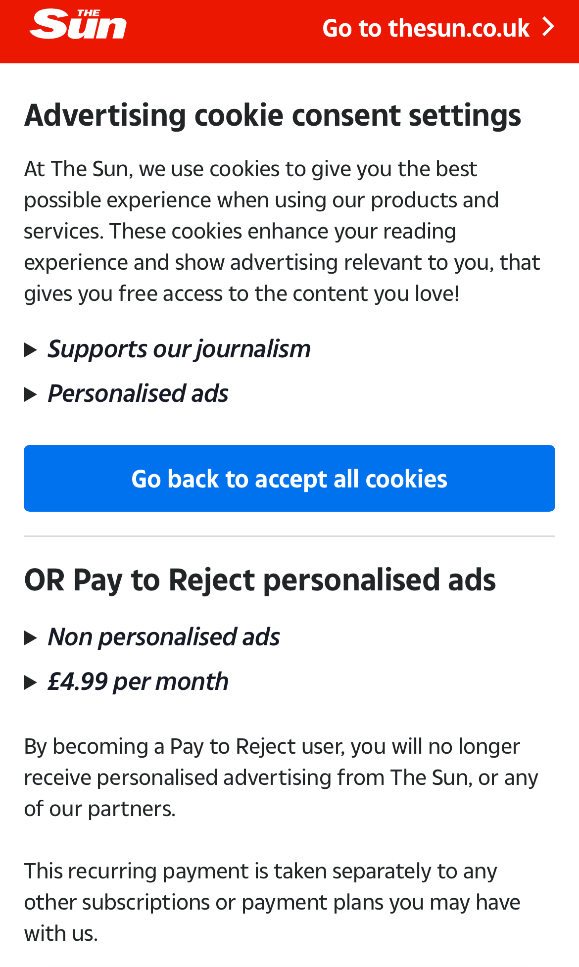 Screenshot of privacy paywall on The Sun website, as of August 16, 2024.