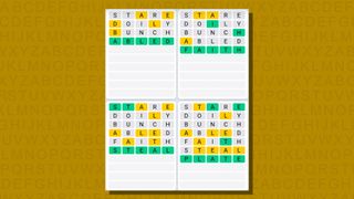 Quordle daily sequence answers for game 704 on a yellow background