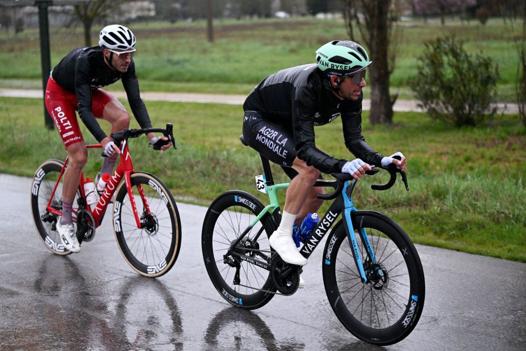 COLFIORITO ITALY MARCH 12 LR Andrea Pietrobon of Italy and Team Polti VisitMalta and Dries De Bondt of Belgium and Decathlon Ag2R La Mondiale Team competes in the breakaway during to the 60th TirrenoAdriatico 2025 Stage 3 a 239km stage from Follonica to Colfiorito UCIWT on March 12 2025 in Colfiorito Italy Photo by Tim de WaeleGetty Images