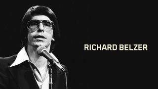 Richard Belzer at a microphone in a tribute card from Saturday Night Live.