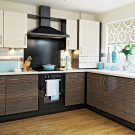 kitchen with gloss cabinet and wooden flooring