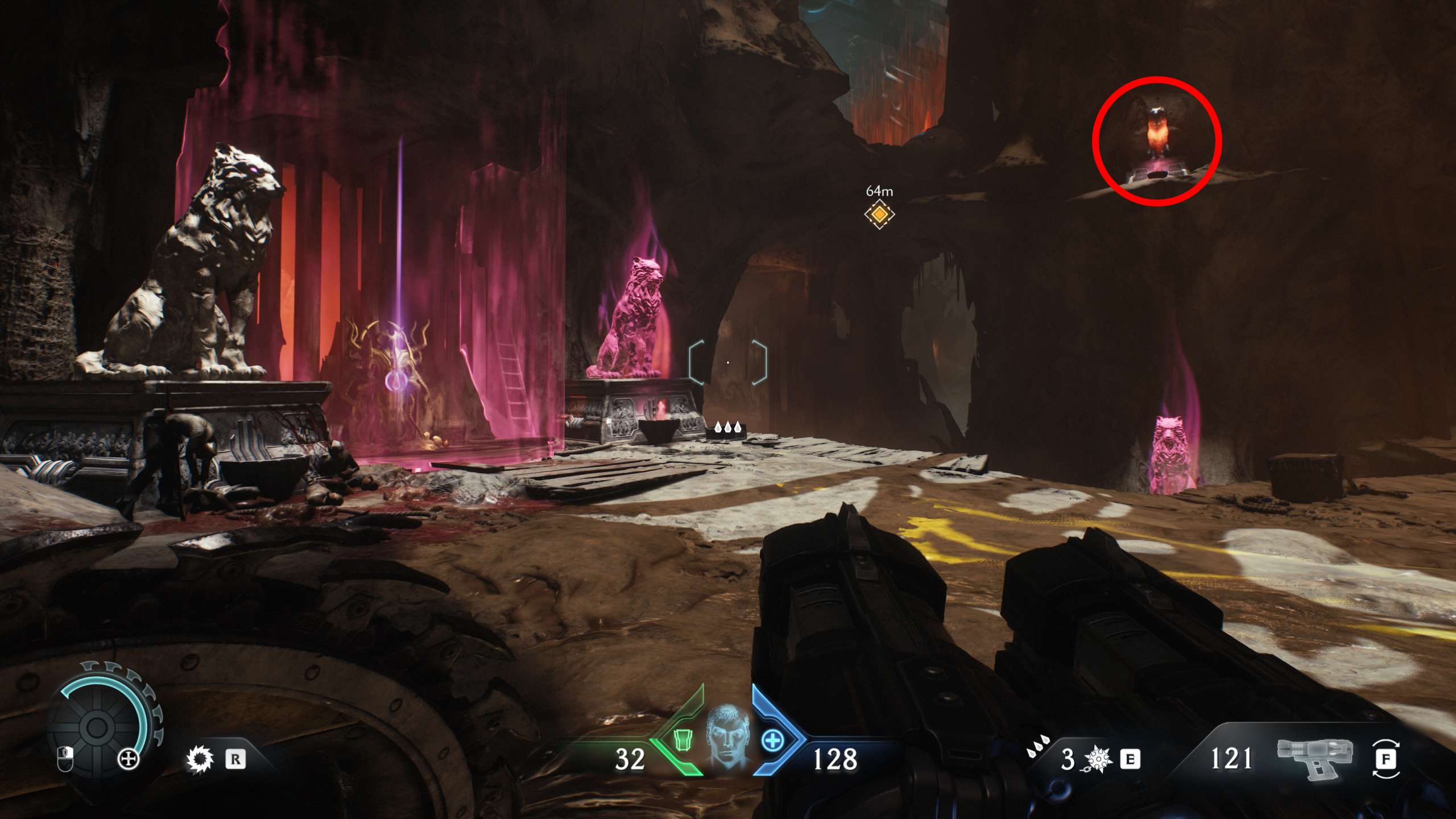 Doom: The Dark Ages Ancestral Forge secrets - A wolf statue on a small overhang next to the wolf shrine housing a wraithstone.