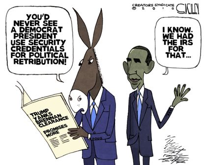 Political cartoon U.S. Barack Obama Democrats John Brennan security credentials IRS