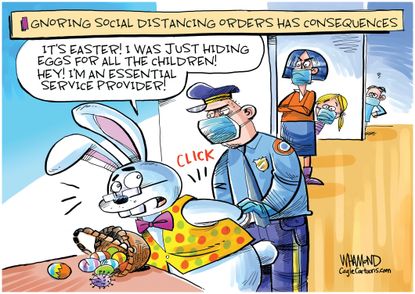 Editorial Cartoon U.S. Easter Bunny COVID-19 social distancing police essential workers