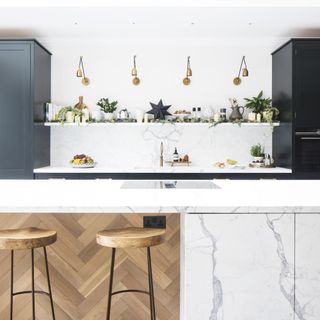 black and marble kitchen with brass wall lights and herringbone front island