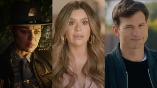 Side by side by side of a concerned Mila Kulis in Knives Out 3, Taylor Frankie Paul explaining a thought on Secret Lives of Mormon Wives and a knowing Ashton Kutcher in Your Place Or Mine.