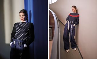Two images, Left Model wearing Blue and white sweater with Navy Blue trousers, Right- Model wearing Blue sweater with red stripe paired with navy trousers