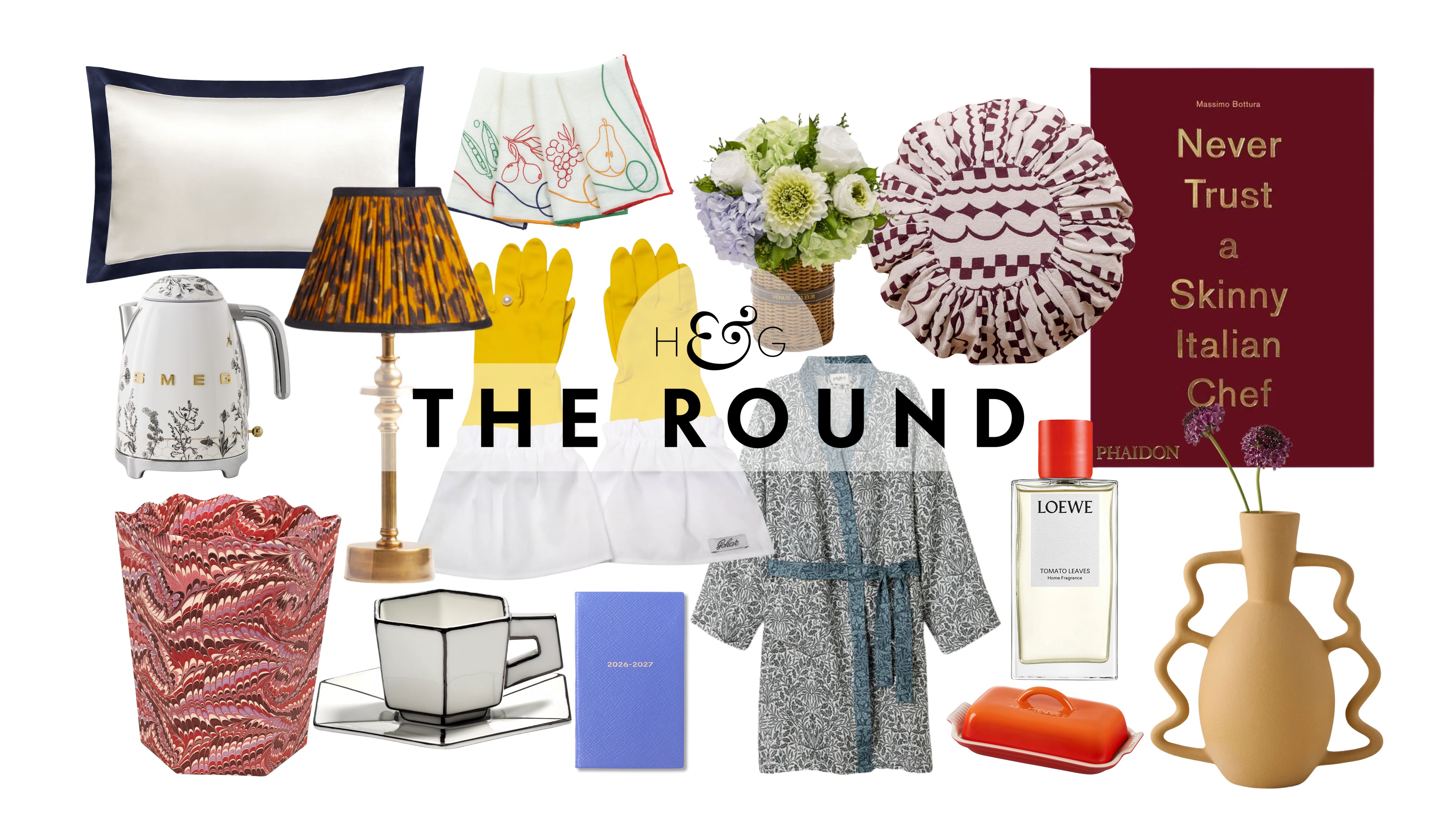 Mother's Day gifts, including a silk pillowcase, SMEG tea kettle, marbled wastebasket, table lamp, dishwashing gloves, patterned robe, throw pillow, Venus et Fleur flowers, candle, vase, and cookbook