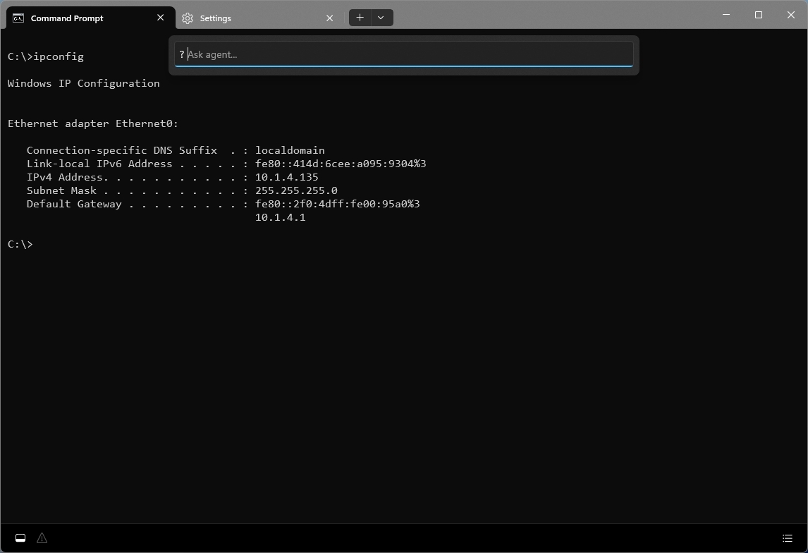 Intelligent Terminal with Command Palette open with AI agent integration ready to take a request.