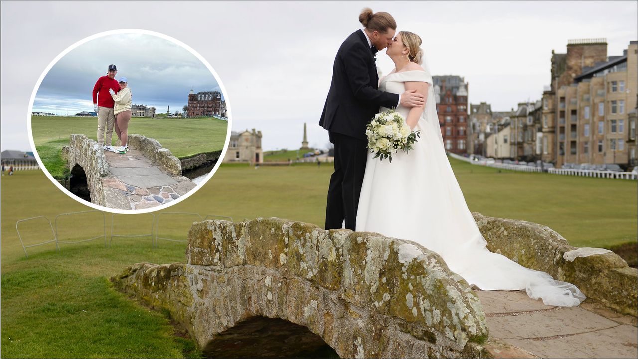 a couple in wedding attire getting married on the swilcan bridge at st andrews