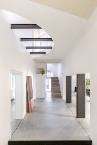Stairway and hall,staircase with new steel handrail
