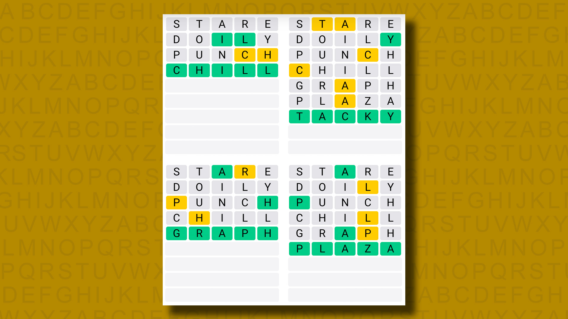 Quordle answers for game 1015 on a yellow background