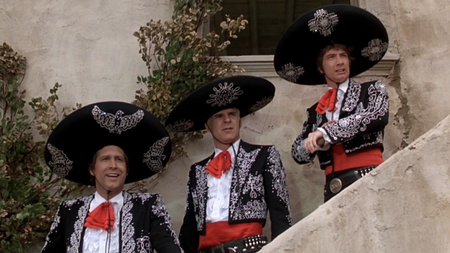 Chevy Chase, Steve Martin and Martin Short on a staircase in Three Amigos