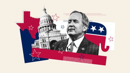 Illustration of Ken Paxton, Texas Senate building and state flag