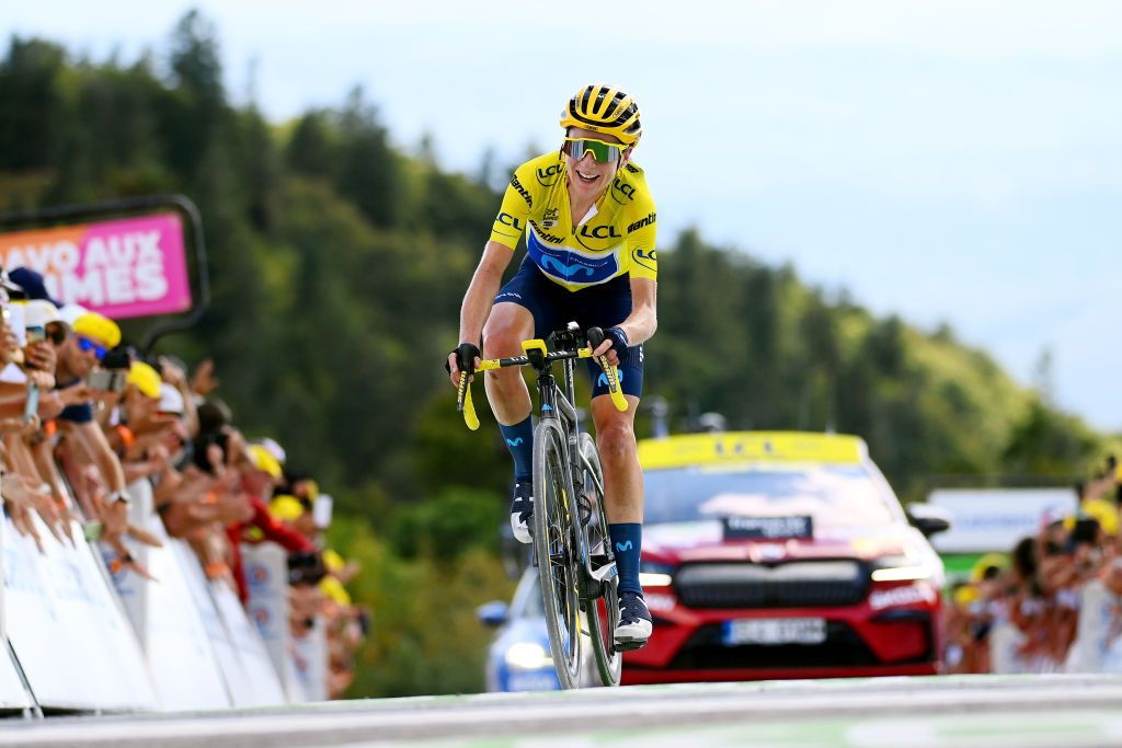 PLANCHE DES BELLES FILLES FRANCE JULY 31 Annemiek Van Vleuten of Netherlands and Movistar Team Yellow Leader Jersey celebrates at finish line as stage and overall race winner during the 1st Tour de France Femmes 2022 Stage 8 a 1233km stage from Lure to La Super Planche des Belles Filles TDFF UCIWWT on July 31 2022 in Planche des Belles Filles France Photo by Tim de WaeleGetty Images
