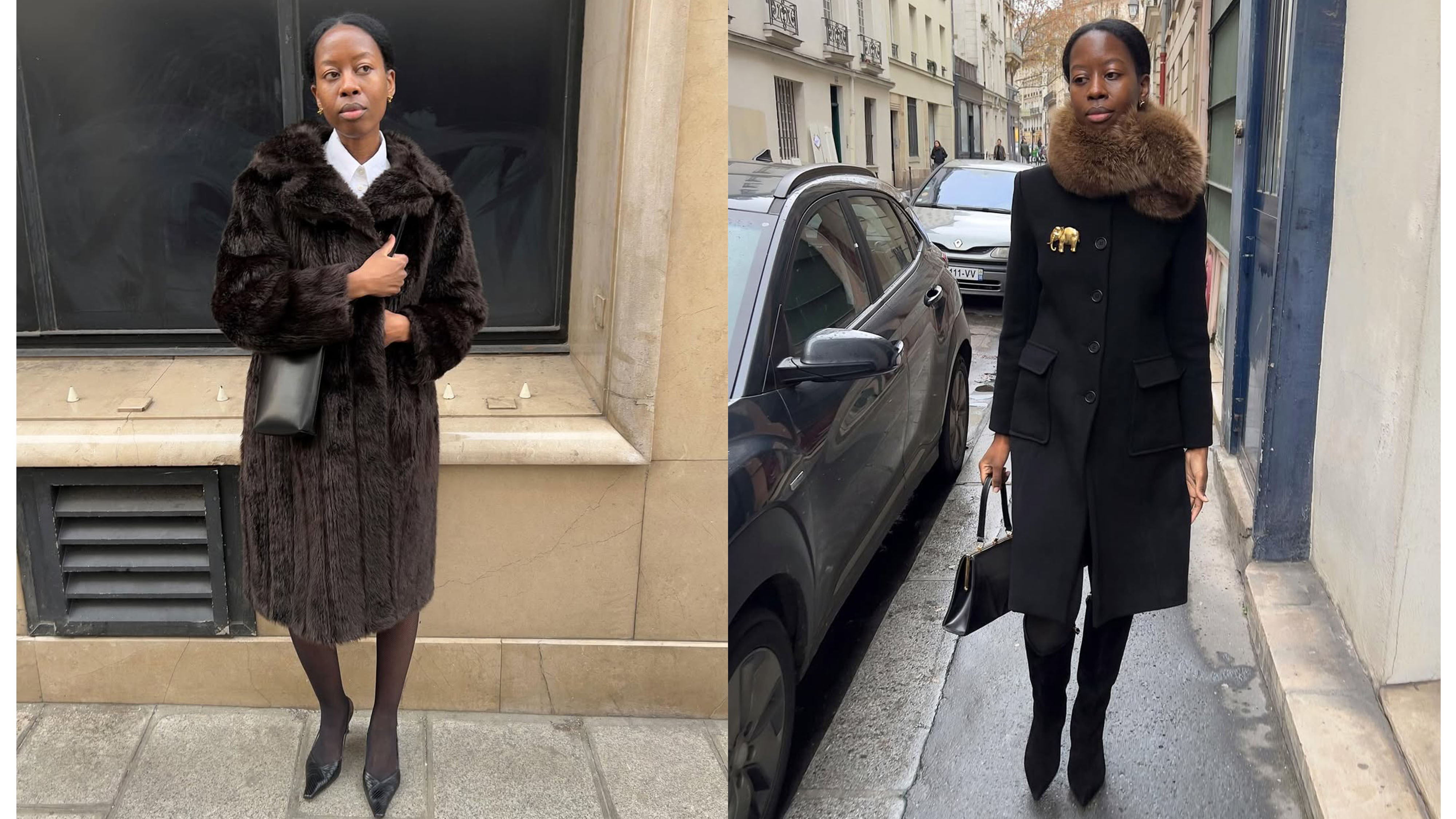 Woman in brown faux-fur coat; woman in black coat with faux-fur scarf.