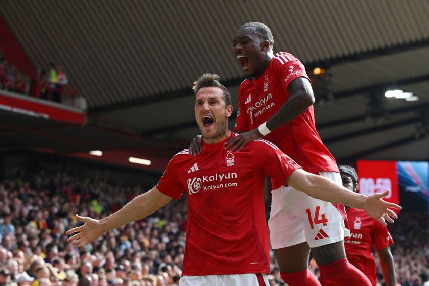 NOTTINGHAM, ENGLAND - AUGUST 31: Chris Wood of Nottingham Forest celebrates scoring his team&#039;s first goal with team mate Callum Hudson-Odoi during the Premier League match between Nottingham Forest FC and Wolverhampton Wanderers FC at City Ground on August 31, 2024 in Nottingham, England. (Photo by Shaun Botterill/Getty Images)