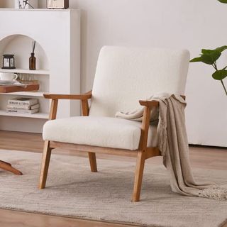 Karl Home Mid-Century Accent Chair Modern Retro Leisure Chair With Solid Wood Frame Upholstered Teddy Fleece Fabric Single Sofa Armchair for Living Room, Bedroom, Balcont, Creamy-White
