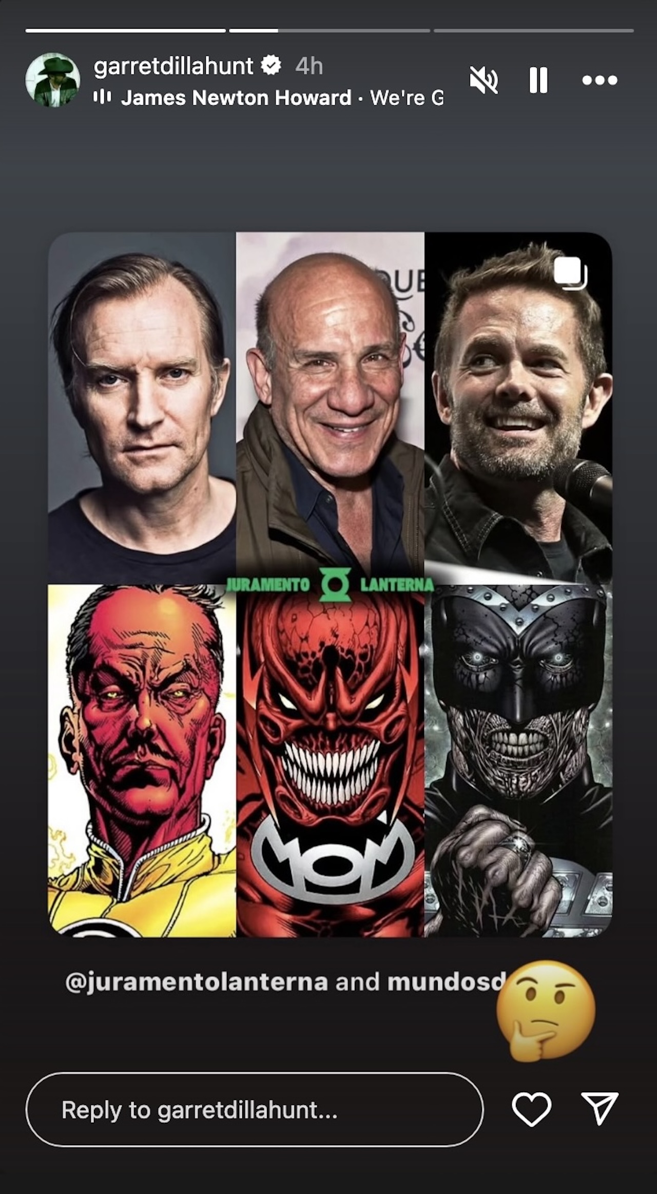 Garret Dillahunt Instagram Stories post of him, Ulrich Thomsen and Paul Ben-Victor above artwork of Black Hand, Sinestro and Atrocitus