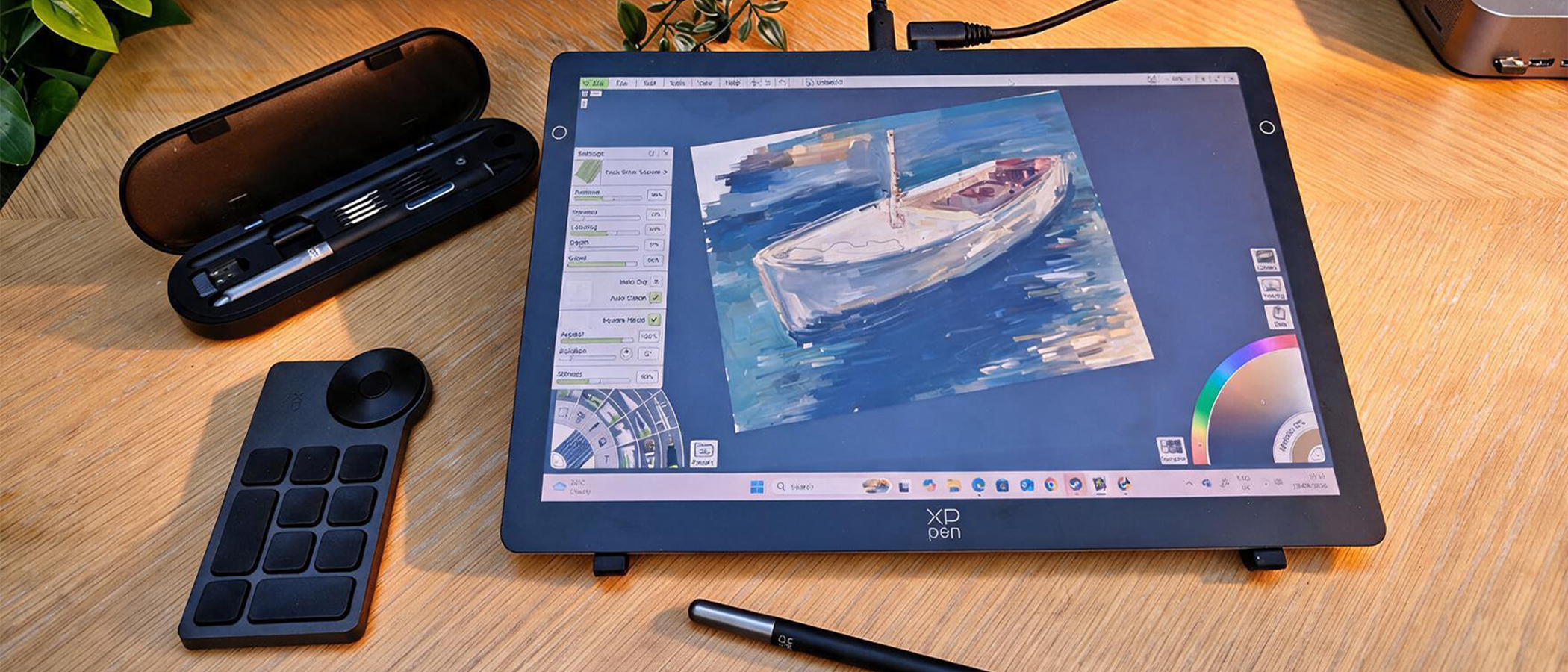 A drawing tablet on a wooden desk