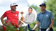 Keegan Bradley smiles after winning the 2025 Travelers Championship (left), Bradley smiles while posing with the Ryder Cup trophy (inset middle) and Bradley looks on with a serious expression (righT)