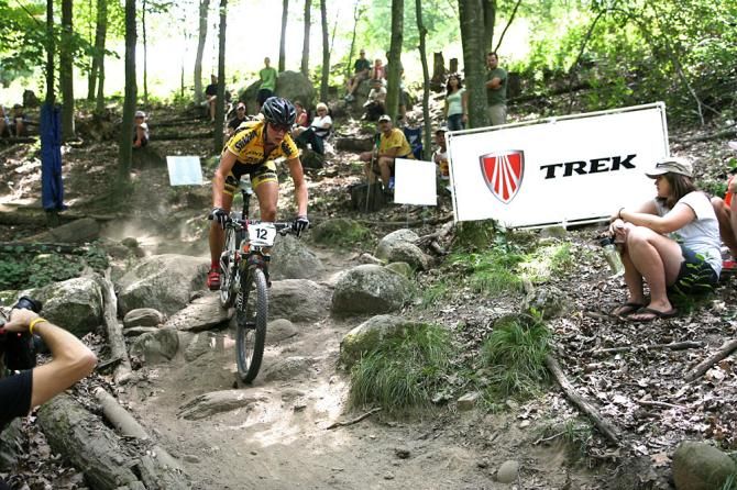 Hundreds of enthusiastic fans lined the course at the 2012 WORS Subaru Cup. Here, Abby Strigel (Bontrager/Honey Stinger) climbed a series of tight switchbacks and then descended through the Trek Fire Lane Drops, a stairway of small, closely spaced drops packed with fans.