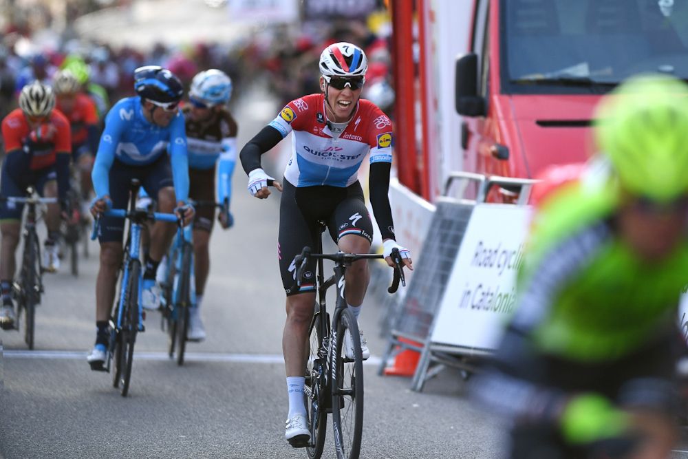 Bob Jungels celebrates teammate Alvaro Hodeg's stage 1 win in Catalunya