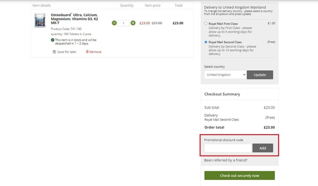 Screenshot of Natures Best website showing users where to enter their discount codes