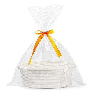 Pro Goleem Small Woven Basket With Gift Bags and Ribbons Durable Baskets for Christmas Gifts Empty Small Rope Basket for Storage 12"x 8" X 5" Baby Toy Basket With Handles, White