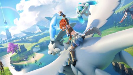 Cropped art for Palworld Online shows a character with red hair riding on the back of a dragon-like Pal.