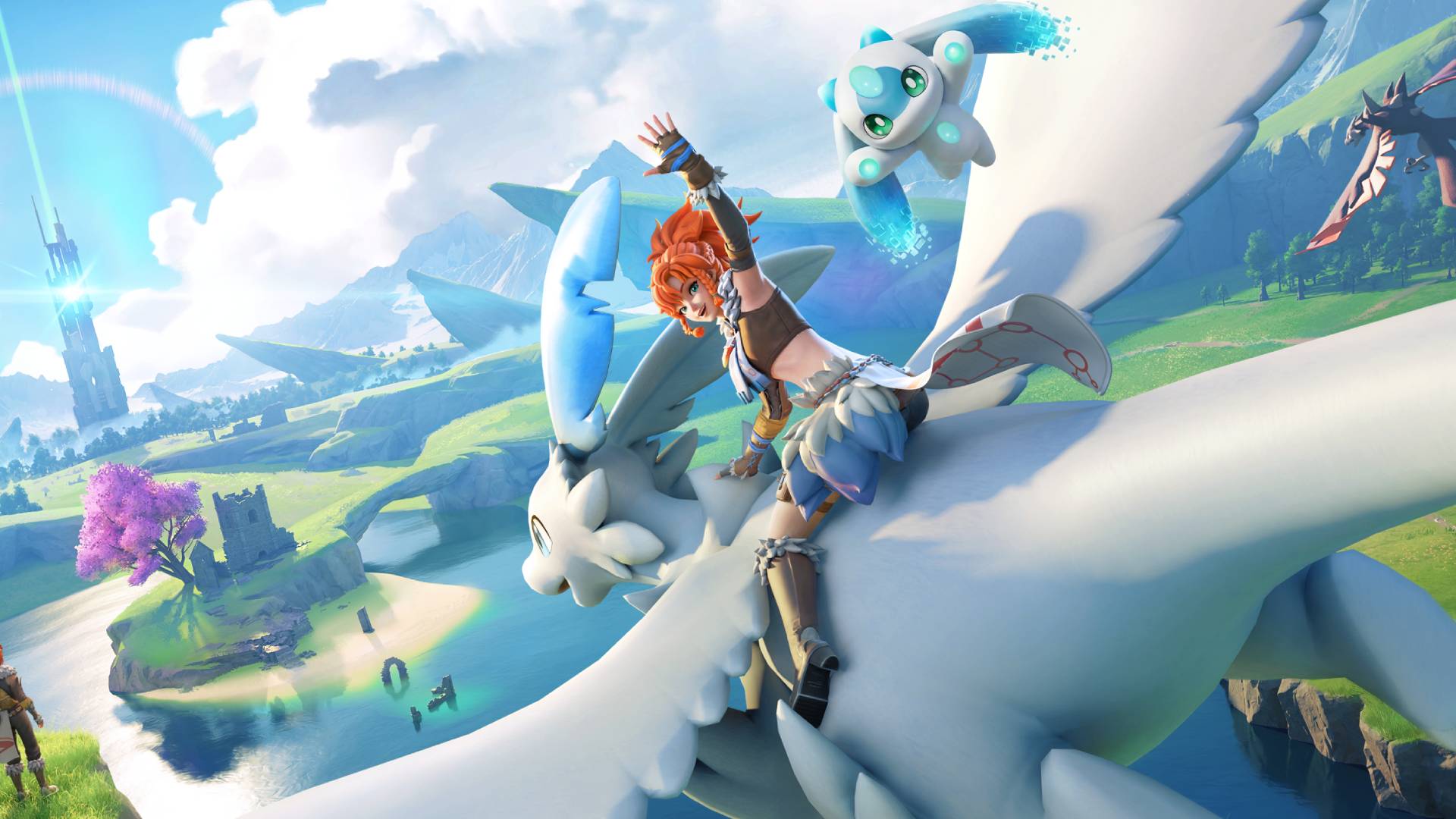 Cropped art for Palworld Online shows a character with red hair riding on the back of a dragon-like Pal.