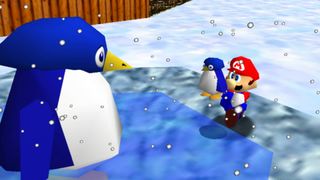 A screenshot of Mario in the Super Mario 3D All-Stars release of Super Mario 64 holding a baby penguin next to its mother.