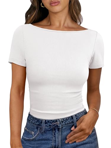 Anrabess Women Boat Neck Tops Short Sleeve T-Shirts Ribbed Knit Tight Fitted Basic Tees Shirts 2025 Summer Clothes White Large