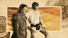 Photo collage of Timothee Chalamet and Mark Hamill in their roles in Dune and Star Wars, respectively. There is a watercolour painting of a desert in the background, and engravings of lamprey mouths.