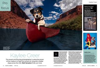 Image showing the first two pages of the Pro in Focus article in issue 292 (April 2025) of Digital Camera magazine, a profile of dog photographer Kaylee Greer