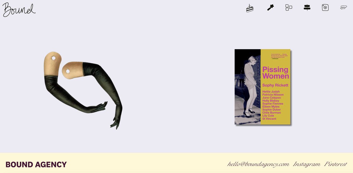 Website da Bound Agency exibindo um par de braços de paper-doll destacados em longas luvas de ópera pretas ao lado da capa do livro de fotografia 'Pissing Women' de Sophy Rickett.