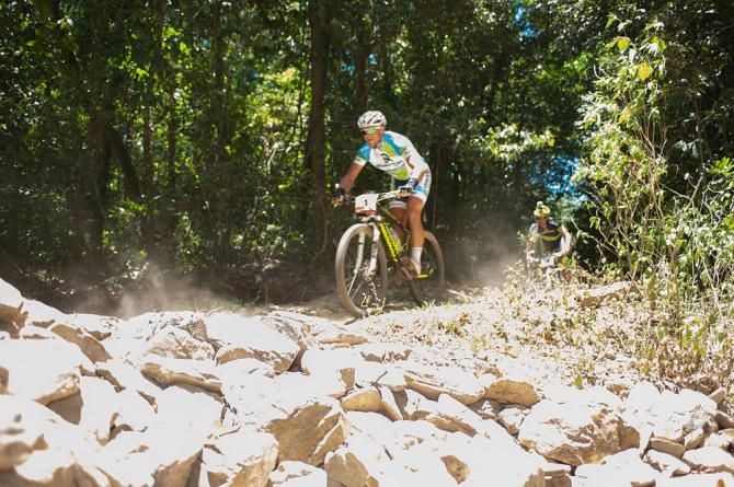 Ivan Rybarik won today's UCI Elite Men's category on Smithfield's tight World Cup singletrail course in dense rainforest surroundings.