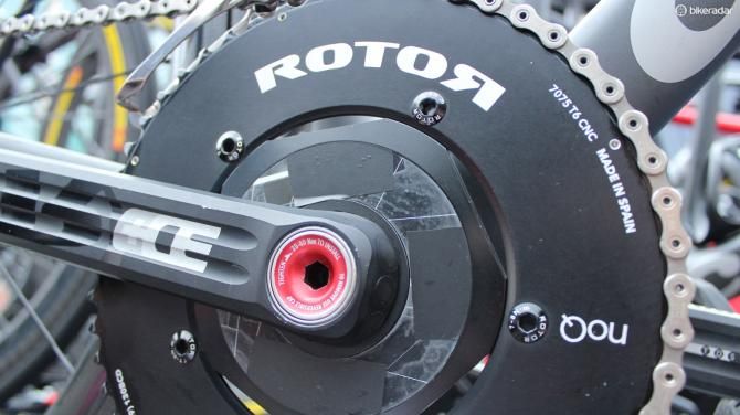 Garmin-Sharp riders use SRM power meters on all their bikes. Some, like this one, still have the logos covered up. Some do not