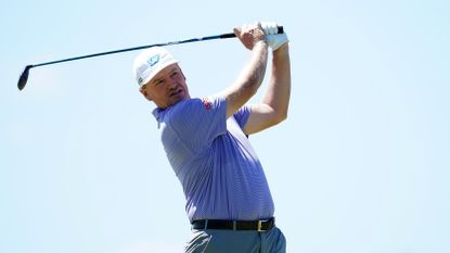 Ernie Els hitting a shot in a 2020 PGA Tour Champions event