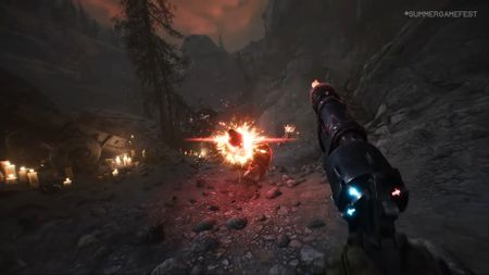 Dark magical shooter Witchfire screenshot featuring first person combat in a dreary background