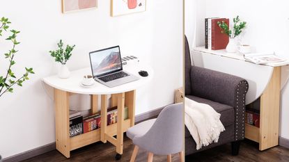 Drop-leaf dining table in white pushed against a wall, used as a desk beside photo of a completely folded white table