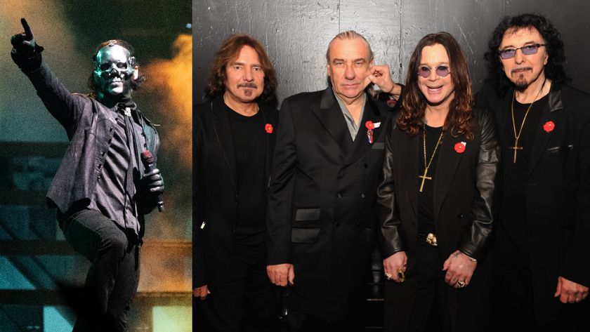 Papa Emeritus V on stage pointing, and the four members of Black Sabbath at a press event