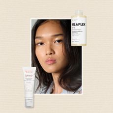 a woman in the middle with dark brown hair on a beige background next to two beauty products