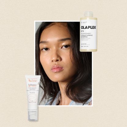 a woman in the middle with dark brown hair on a beige background next to two beauty products