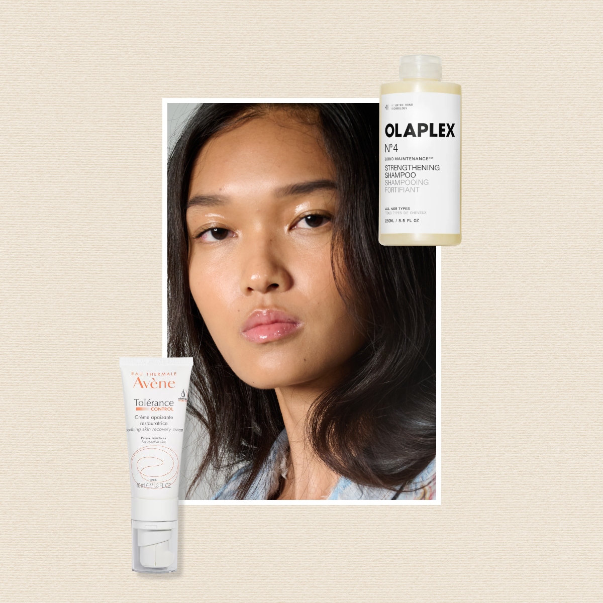 a woman in the middle with dark brown hair on a beige background next to two beauty products