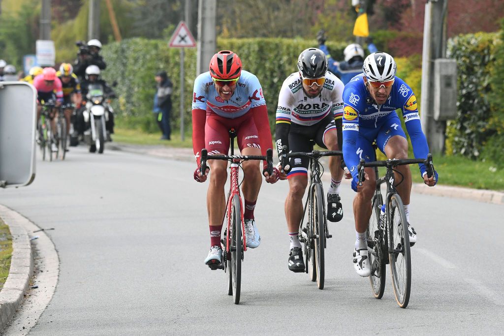 ROUBAIX FRANCE APRIL 14 Philippe Gilbert of Belgium and Team DeceuninckQuickStep Peter Sagan of Slovakia and Team BORA hansgrohe Nils Politt of Germany and Team KatushaAlpecin during the 117th ParisRoubaix a 257km race from Compigne to Roubaix ParisRoubaix ParisRoubaix PRBX LEnfer du Nord on April 14 2019 in Roubaix France Photo by Stephane ManteyPoolGetty Images