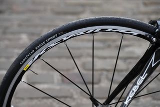 Pictured is the rear Mavic wheel and Goodyear Eagle Sport tyre of the Kuota Kebel Longtermer bike